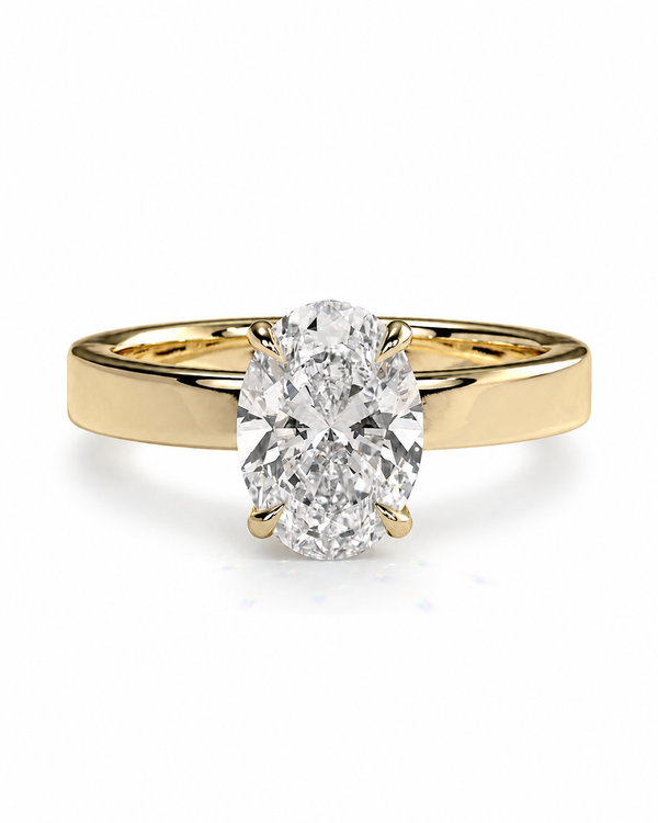 color_10K_YG, color_14K_YG &&A yellow gold solitaire engagement ring featuring a large oval-cut diamond center stone in a four-prong setting, shown on a clean white background.
