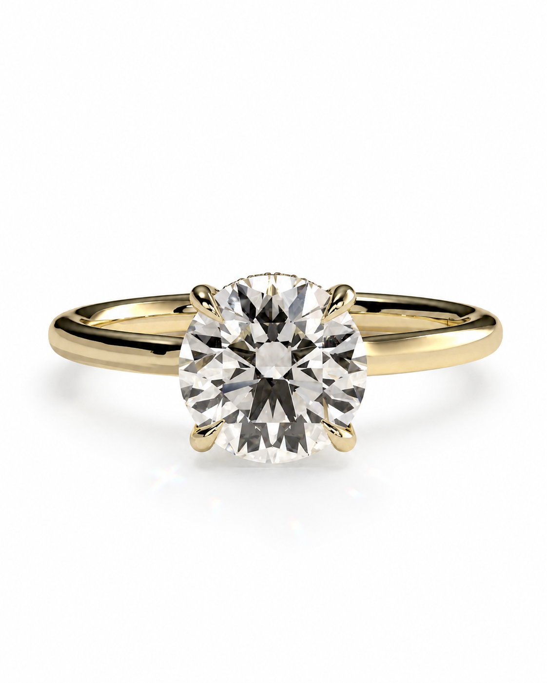color_10K_YG, color_14K_YG &&A classic solitaire engagement ring featuring a round brilliant-cut diamond set in a yellow gold four-prong band, shown on a clean white background.