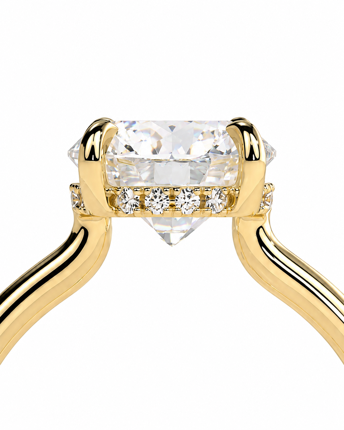 color_10K_YG, color_14K_YG &&A close-up of a yellow gold solitaire engagement ring featuring a large rectangular clear gemstone in a four-prong setting, with a row of small pavé-set diamonds along the band, shown against a plain white background.