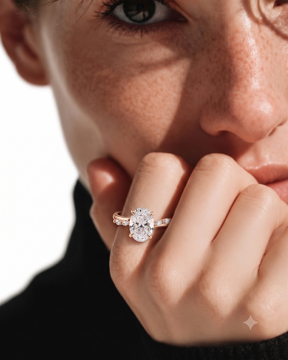 color_10K_YG, color_14K_YG &&A close-up lifestyle shot of a model wearing a rose gold engagement ring with a large oval-cut clear center stone and smaller side stones. The model's face, hand, and shoulder are visible against a bright white background.