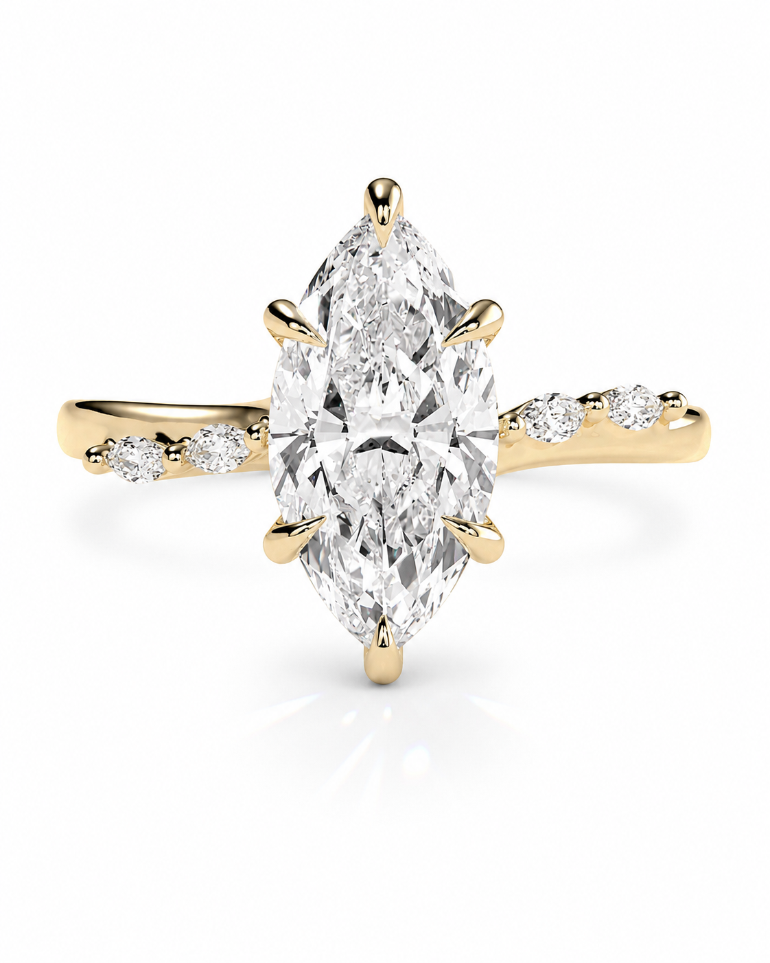 color_10K_YG, color_14K_YG &&A yellow gold ring featuring a large marquise-cut diamond center stone with smaller round diamonds set along the shoulders, shown on a clean white background.