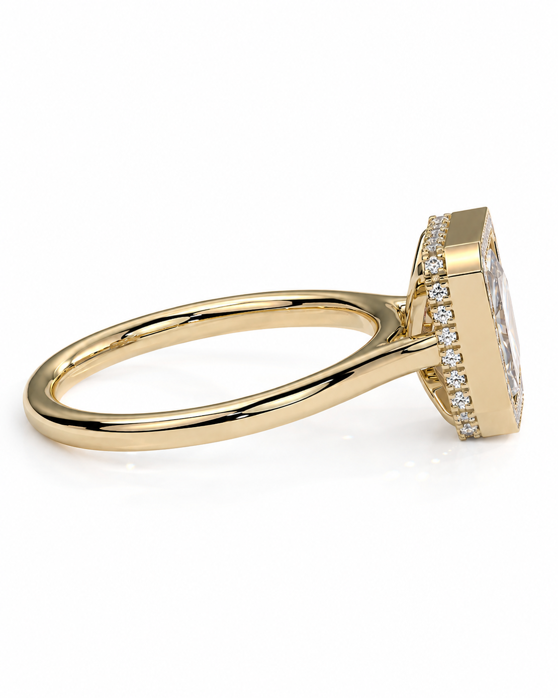 color_10K_YG, color_14K_YG &&A yellow gold ring with a large rectangular clear gemstone surrounded by a halo of small round diamonds, shown on a clean white background.