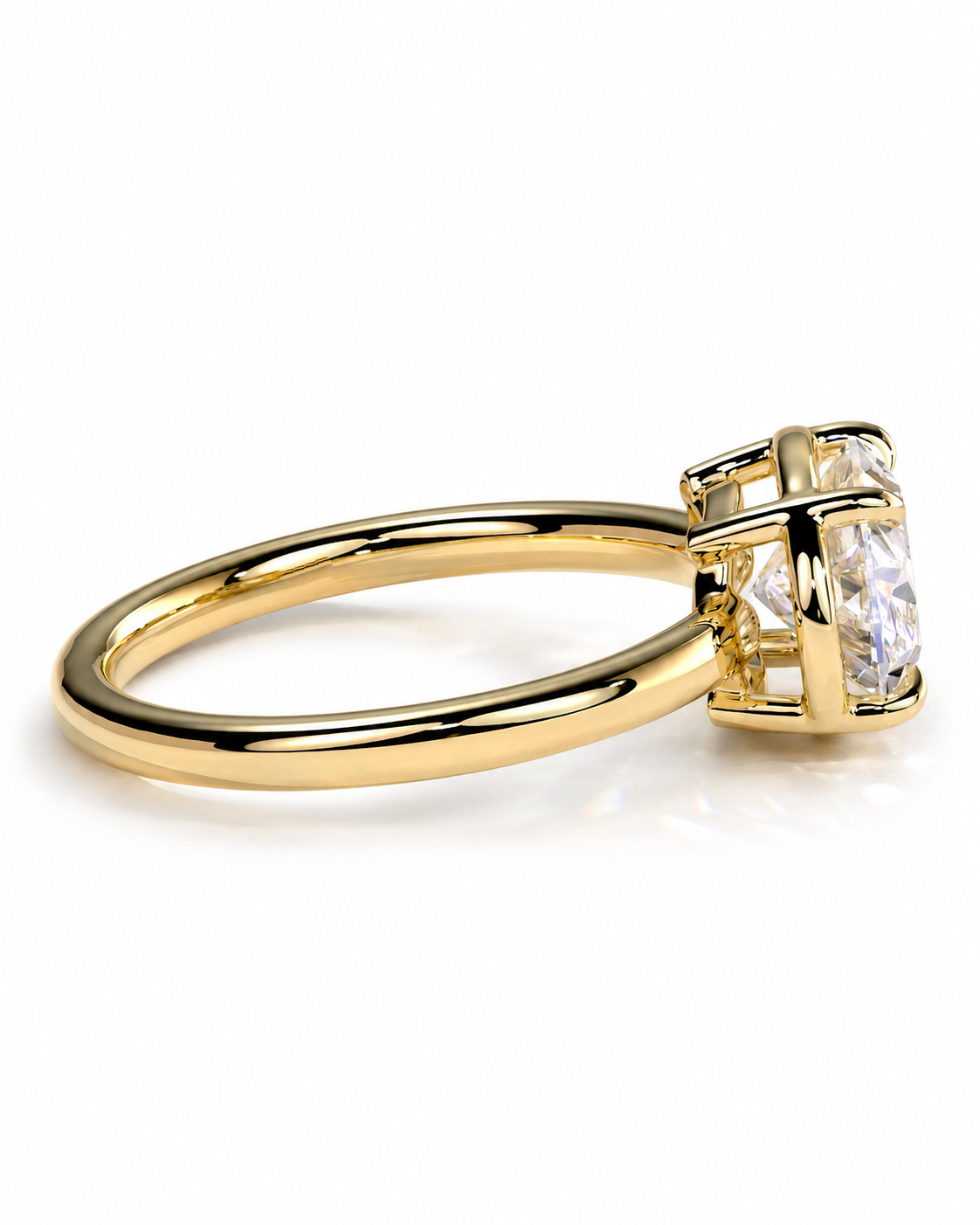 color_10K_YG, color_14K_YG &&A yellow gold ring with a brilliant solitaire-cut clear gemstone, shown in a three-quarter side view on a clean white background.