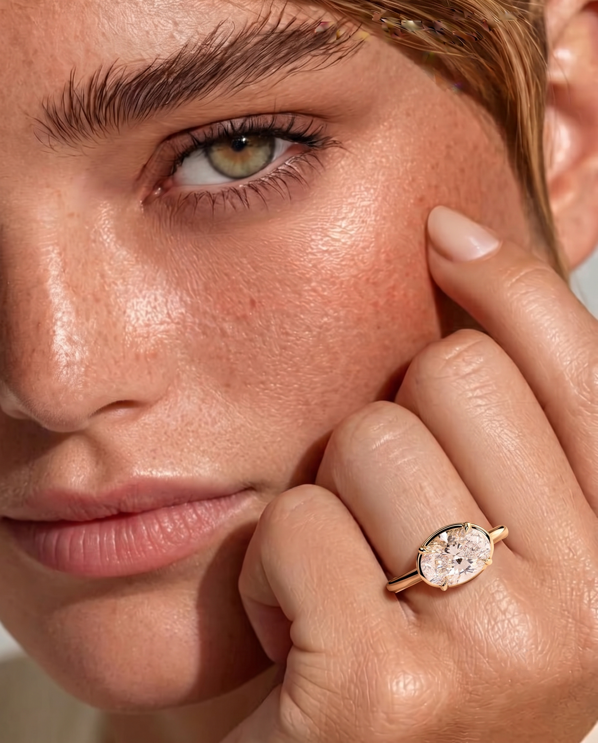 color_10K_YG, color_14K_YG &&Close-up of a model's face and hand wearing a gold ring with a round clear gemstone.