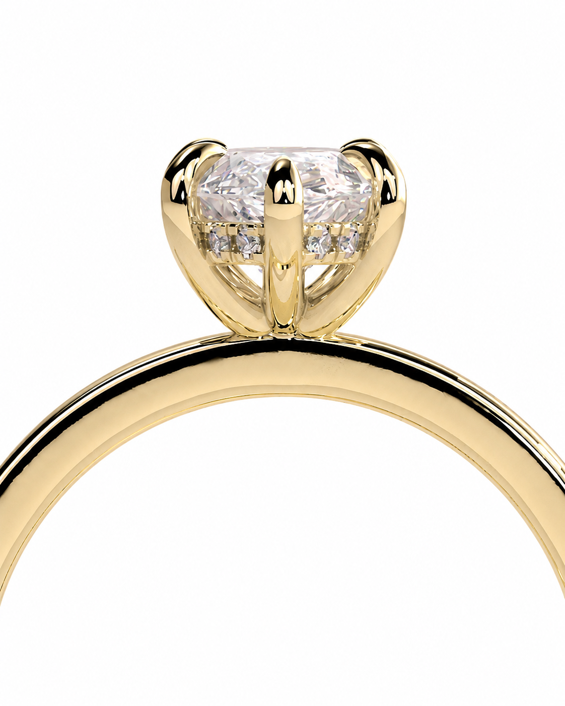 color_10K_YG, color_14K_YG &&A close-up shot of a yellow gold solitaire engagement ring with a clear round-cut diamond center stone and smaller side diamonds, set against a plain white background.
