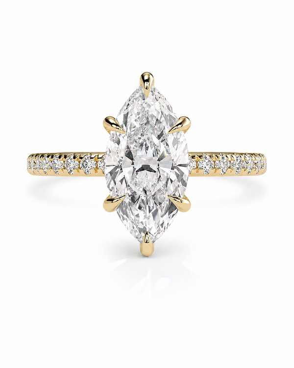 color_10K_YG, color_14K_YG &&A yellow gold ring featuring a large marquise-cut diamond center stone with a pavé band accented by small round diamonds, shown on a clean white background.