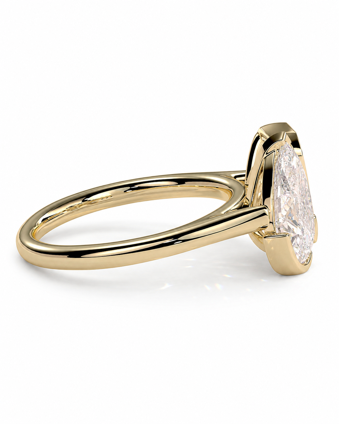color_10K_YG, color_14K_YG &&A yellow gold ring with a brilliant-cut clear gemstone in a prong setting, shown from a side angle on a clean white background.