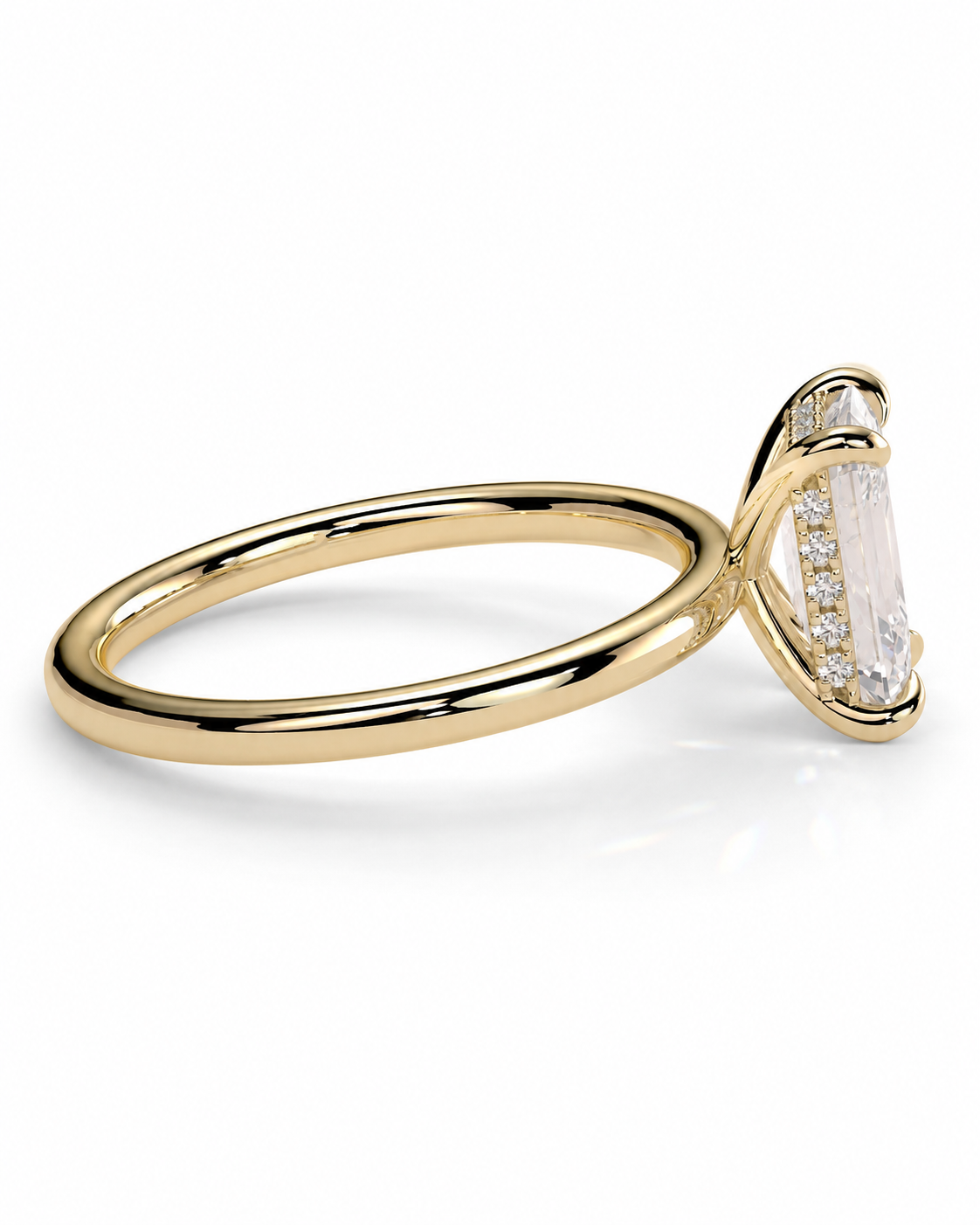 color_10K_YG, color_14K_YG &&
A yellow gold ring featuring a large rectangular clear emerald-cut center stone with a halo of smaller round diamonds, shown on a clean white background.