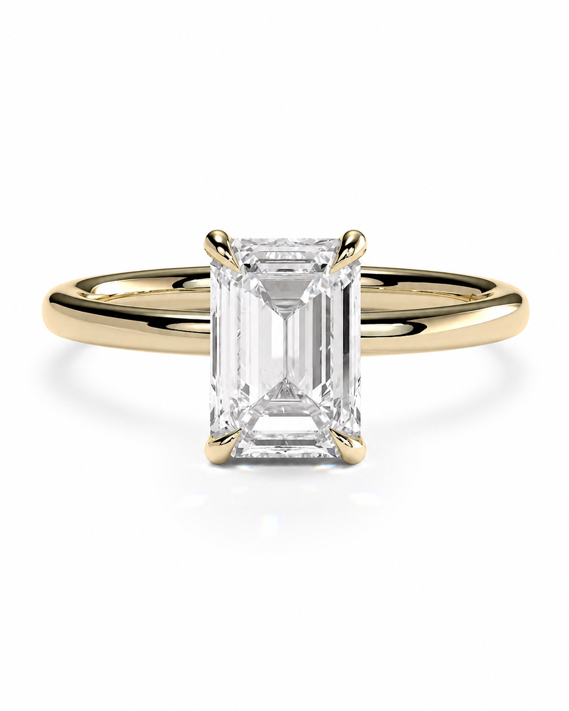 color_10K_YG, color_14K_YG &&
An emerald-cut diamond engagement ring with a yellow gold band, shown on a clean white background.