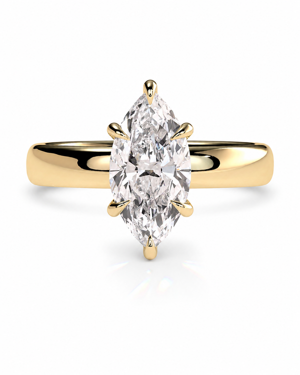 color_10K_YG, color_14K_YG &&A yellow gold ring featuring a large marquise-cut diamond center stone in a six-prong setting, shown against a clean white background.