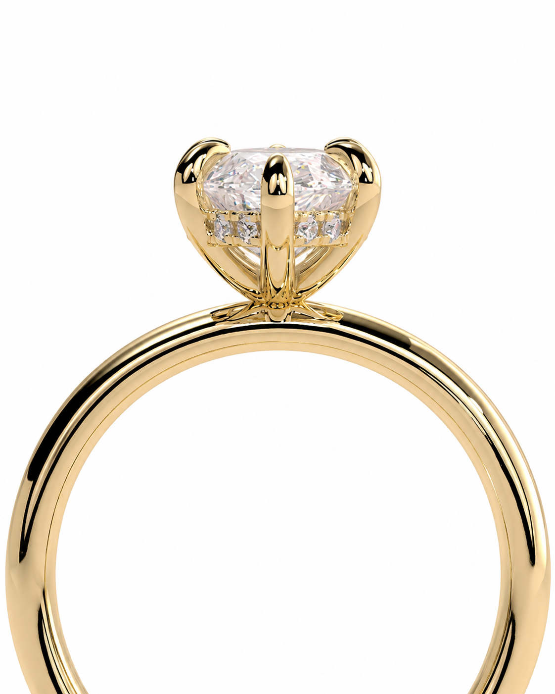 color_10K_YG, color_14K_YG &&A close-up shot of a yellow gold ring with a brilliant solitaire diamond in a four-prong setting, with smaller diamonds on the shoulders, set against a plain white background.