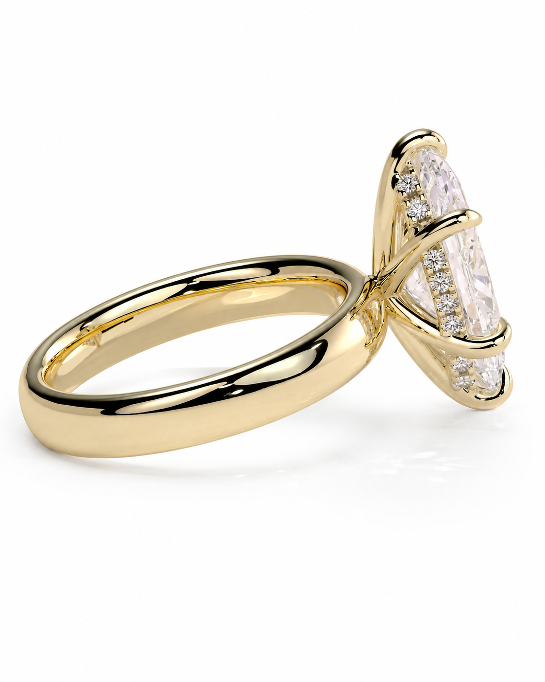 color_10K_YG, color_14K_YG &&A yellow gold ring with a unique butterfly-like setting holding a large clear marquise-cut center stone and smaller side stones, shown on a white background.