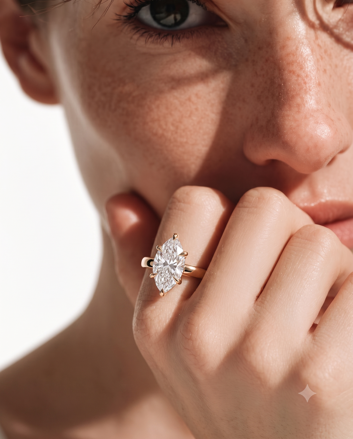 color_10K_YG, color_14K_YG &&A close-up lifestyle shot of a model wearing a gold ring with a marquise-cut clear gemstone, set against a bright white background.