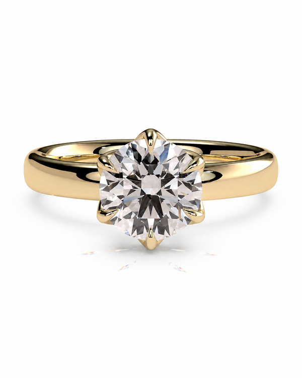 color_10K_YG, color_14K_YG &&A yellow gold solitaire engagement ring featuring a round brilliant-cut diamond set in a prong setting, shown on a clean white background.