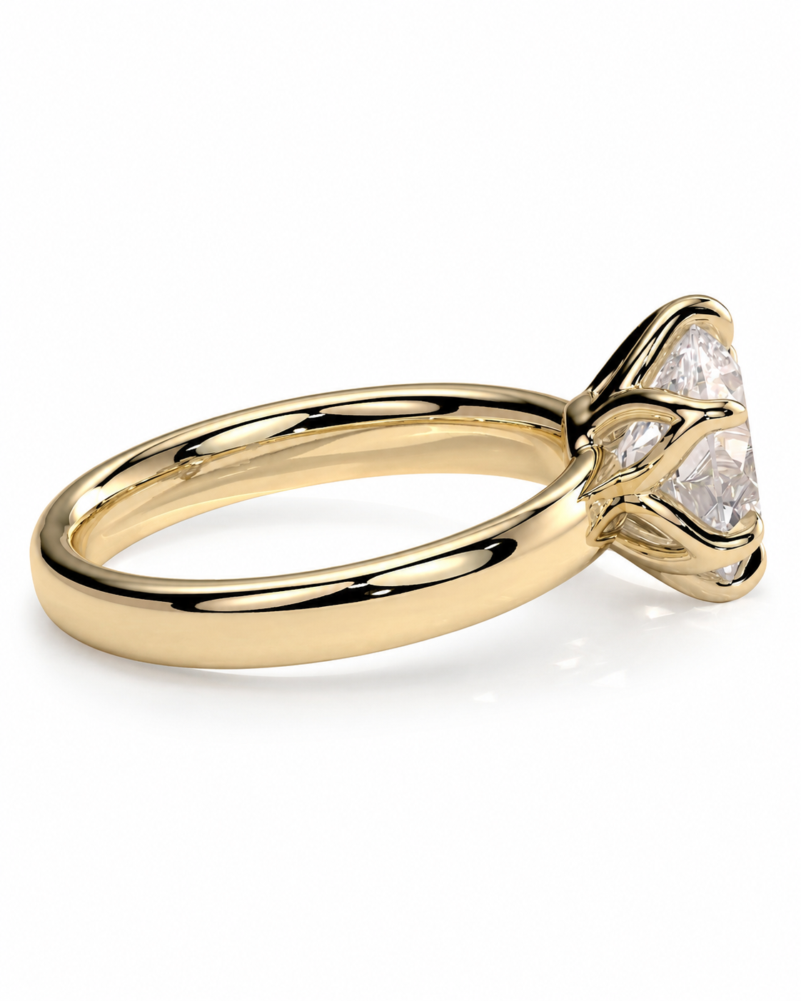 color_10K_YG, color_14K_YG &&A yellow gold ring with a triangular prong setting holding a clear gemstone, shown on a clean white background.