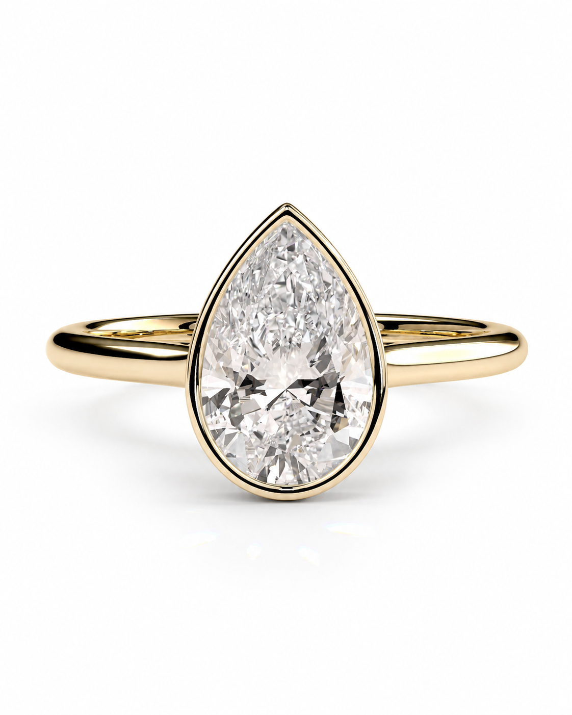 color_10K_YG, color_14K_YG &&A pear-cut diamond engagement ring in a yellow gold setting with a slim gold band, shown on a clean white background.