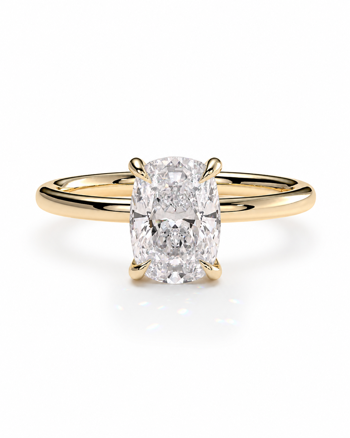 color_10K_YG, color_14K_YG &&A yellow gold solitaire engagement ring featuring a large cushion-cut diamond center stone, set against a clean white background.