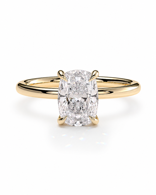 color_10K_YG, color_14K_YG &&A yellow gold solitaire engagement ring featuring a large cushion-cut diamond center stone, set against a clean white background.