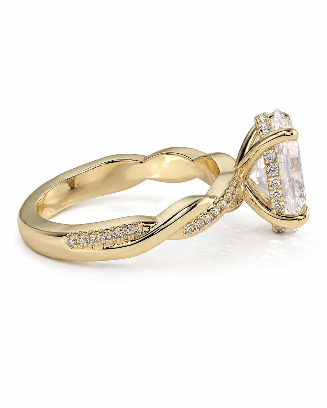 color_10K_YG, color_14K_YG &&A yellow gold twisted band ring featuring a large rectangular clear gemstone in a prong setting with small pavé diamonds along the band, shown on a clean white background.