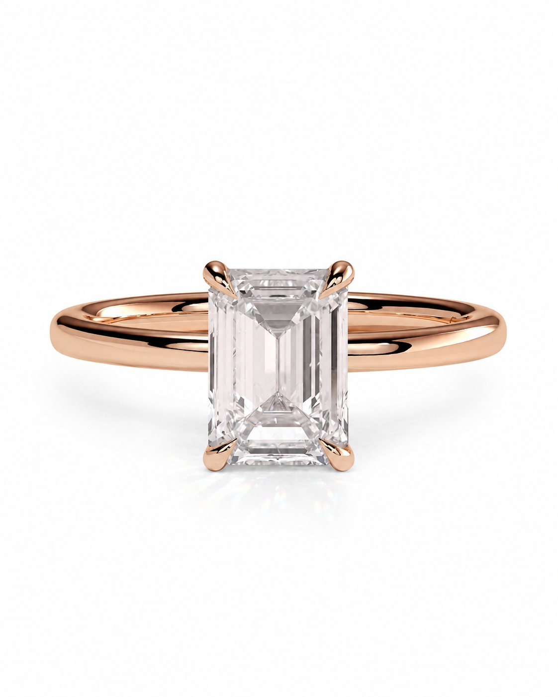 color_10K_RG, color_14K_RG &&
A rose gold engagement ring featuring a large emerald-cut clear center stone in a four-prong setting, shown on a clean white background.