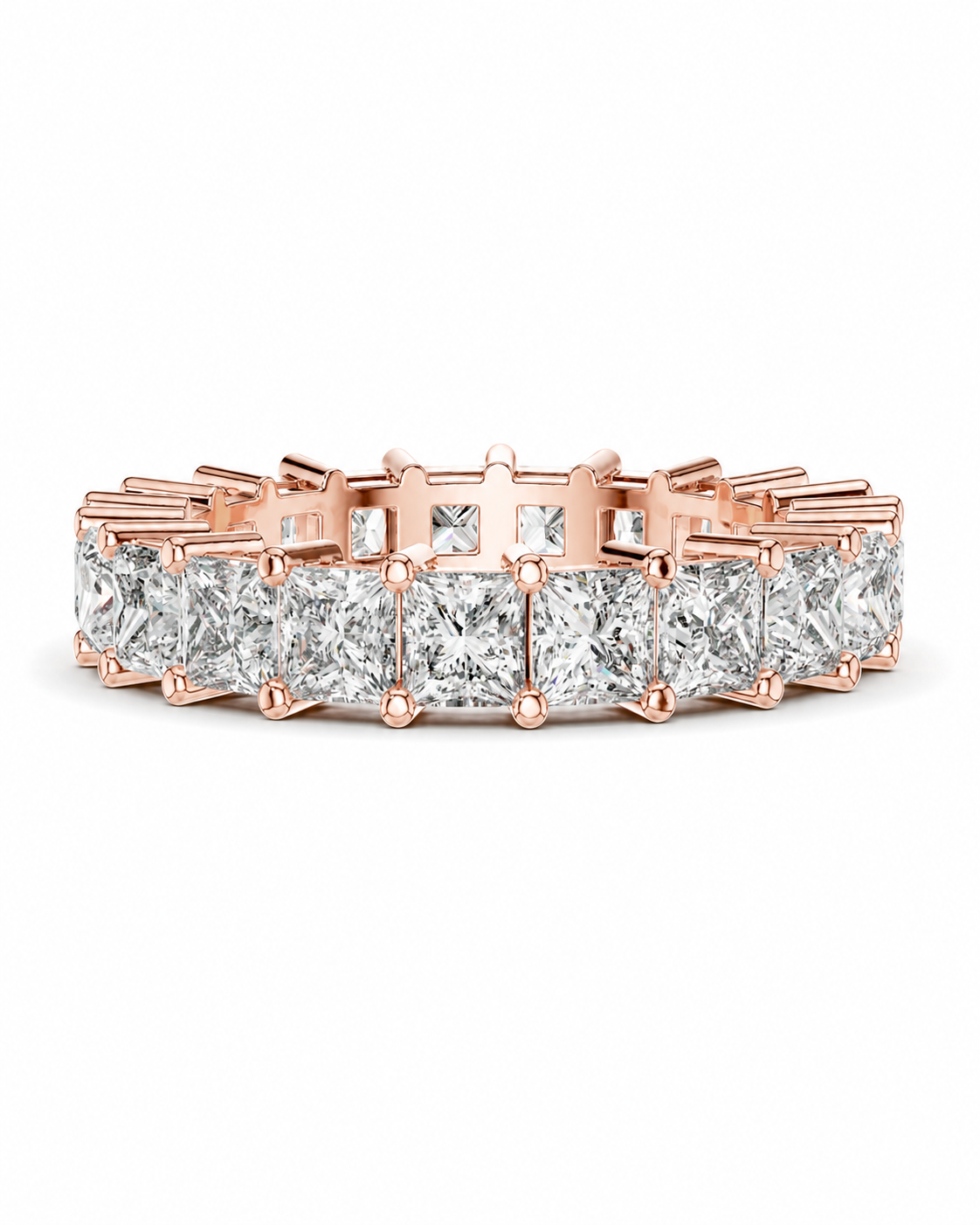 color_10K_RG, color_14K_RG &&	A rose gold eternity ring featuring a continuous row of princess-cut diamonds set in a polished rose gold band, shown against a plain white background.