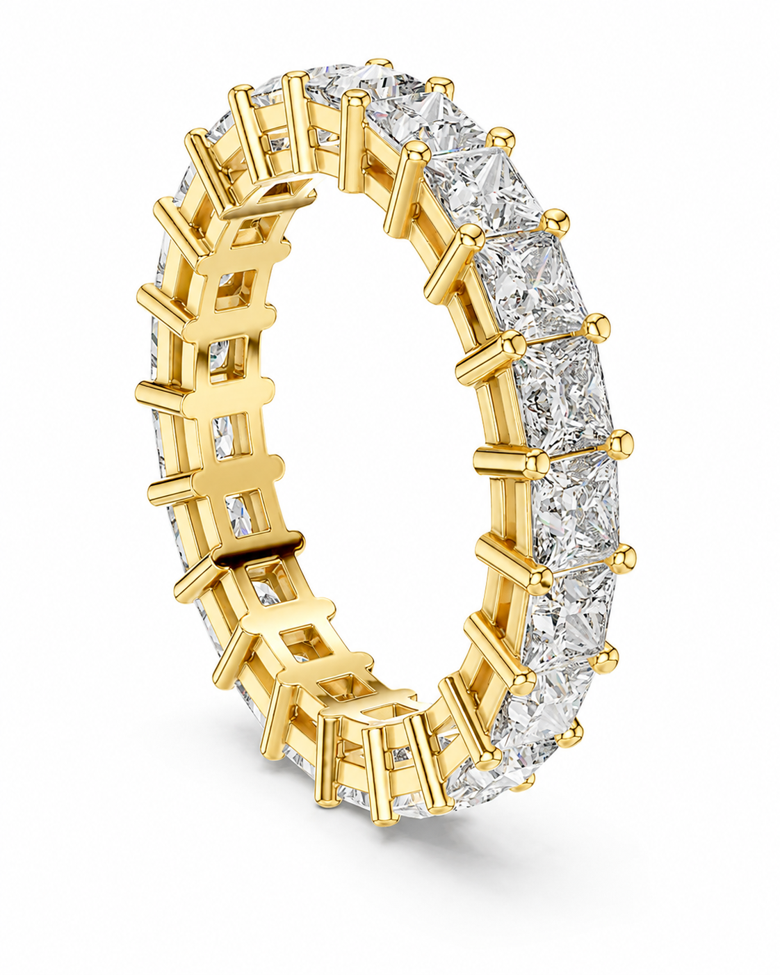 color_10K_YG, color_14K_YG &&	
A yellow gold eternity ring featuring a continuous channel setting of clear rectangular-cut gemstones, shown on a clean white background.