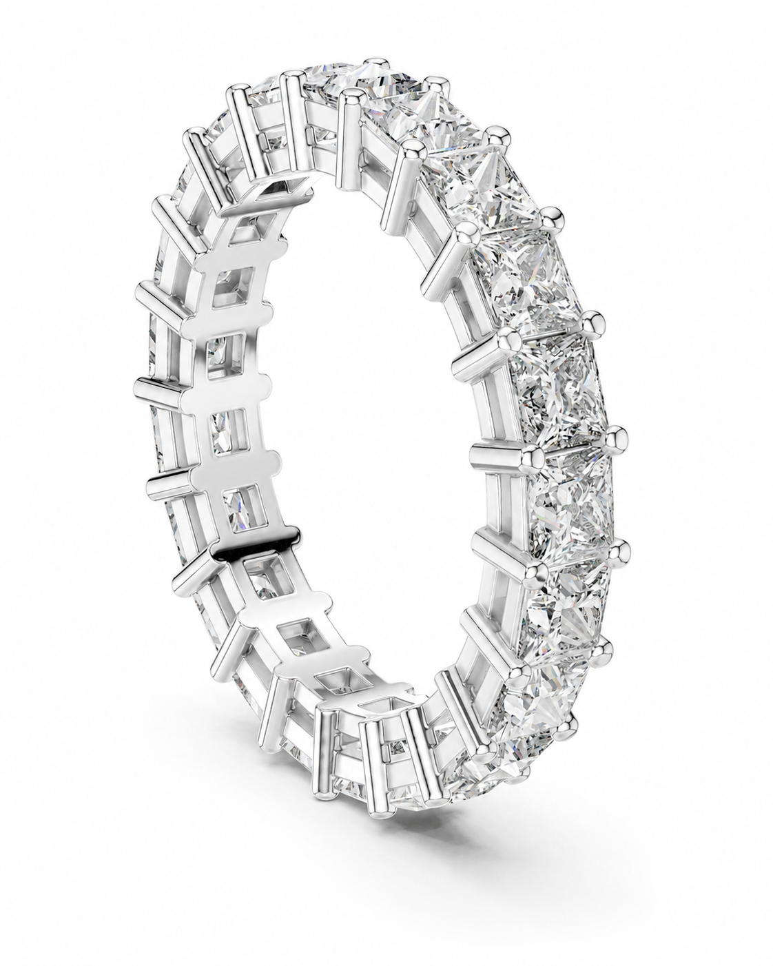 color_925_SIL,color_935_ARG,color_10K_WG, color_14K_WG &&	
A silver-toned eternity ring featuring a continuous row of princess-cut diamonds, shown at an angle on a clean white background.