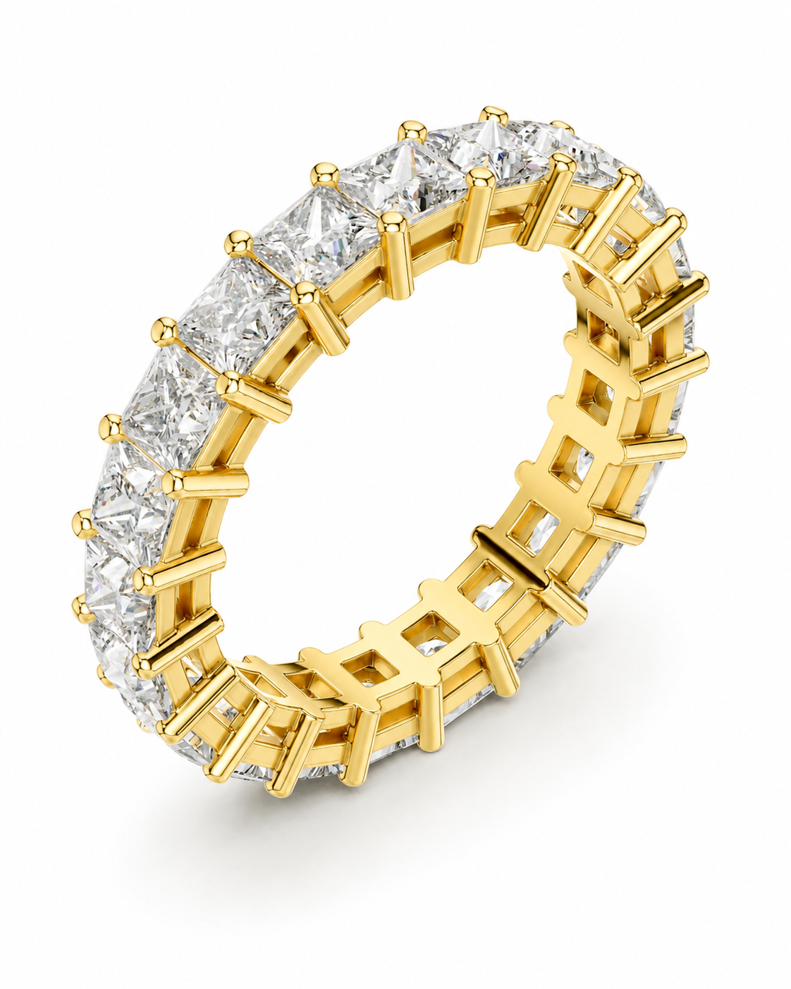 color_10K_YG, color_14K_YG &&	
A yellow gold eternity ring set with round brilliant-cut diamonds, shown at an angle on a clean white background.