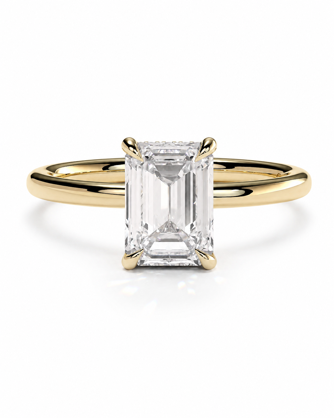 color_10K_YG, color_14K_YG &&
A yellow gold engagement ring featuring a large emerald-cut clear diamond in a four-prong setting, shown on a clean white background.