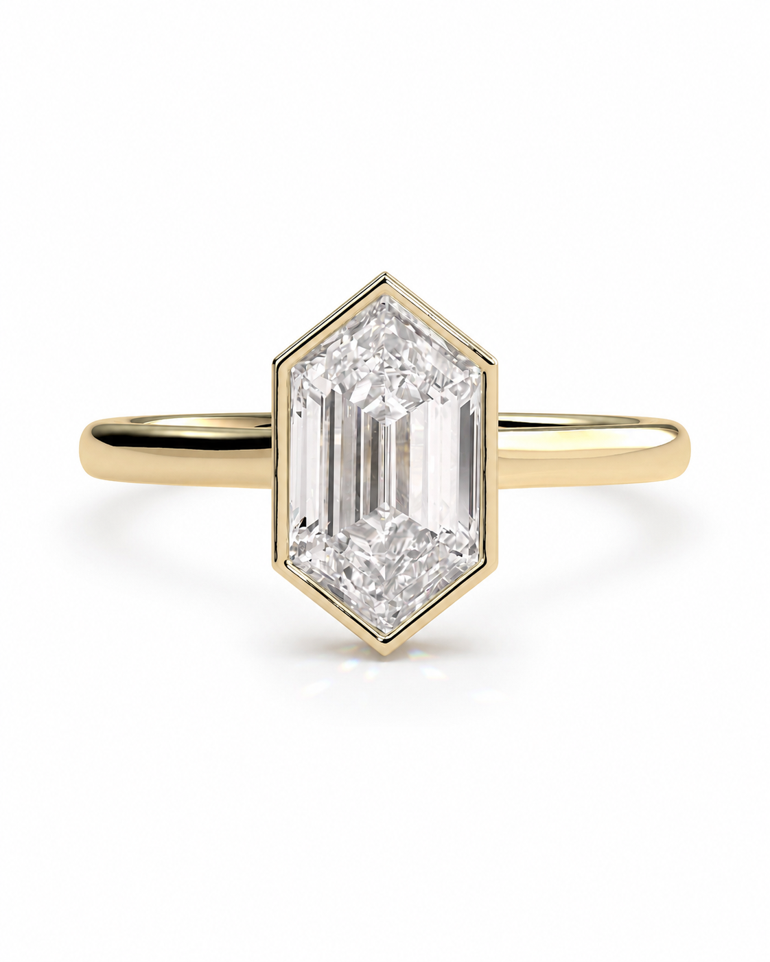 color_10K_YG, color_14K_YG &&A yellow gold ring featuring a large, hexagonal baguette-cut diamond center stone, set against a clean white background.
