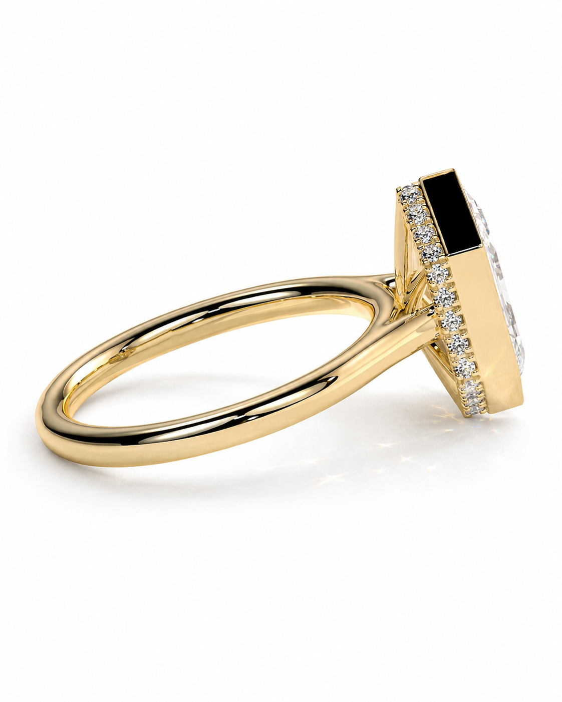 color_10K_YG, color_14K_YG &&A yellow gold ring with a square-shaped diamond setting, featuring a pavé band and a central black diamond accent, shown on a clean white background.