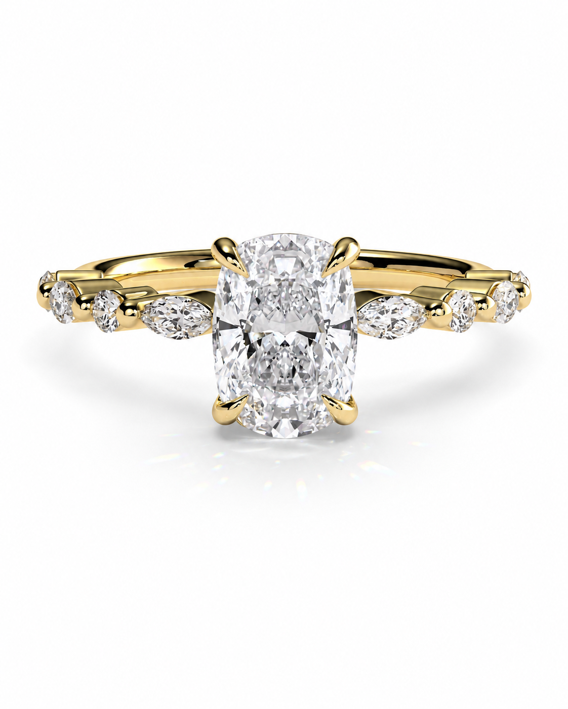 color_10K_YG, color_14K_YG &&A yellow gold engagement ring featuring a large oval-cut center diamond and smaller marquise-cut diamonds along the shank, set against a clean white background.