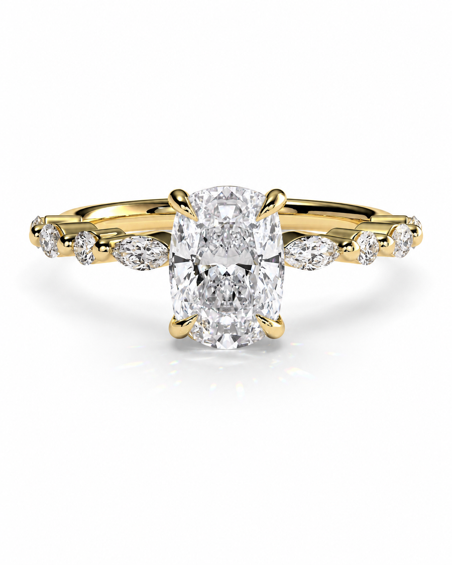 color_10K_YG, color_14K_YG &&A yellow gold engagement ring featuring a large oval-cut center diamond and smaller marquise-cut diamonds along the shank, set against a clean white background.