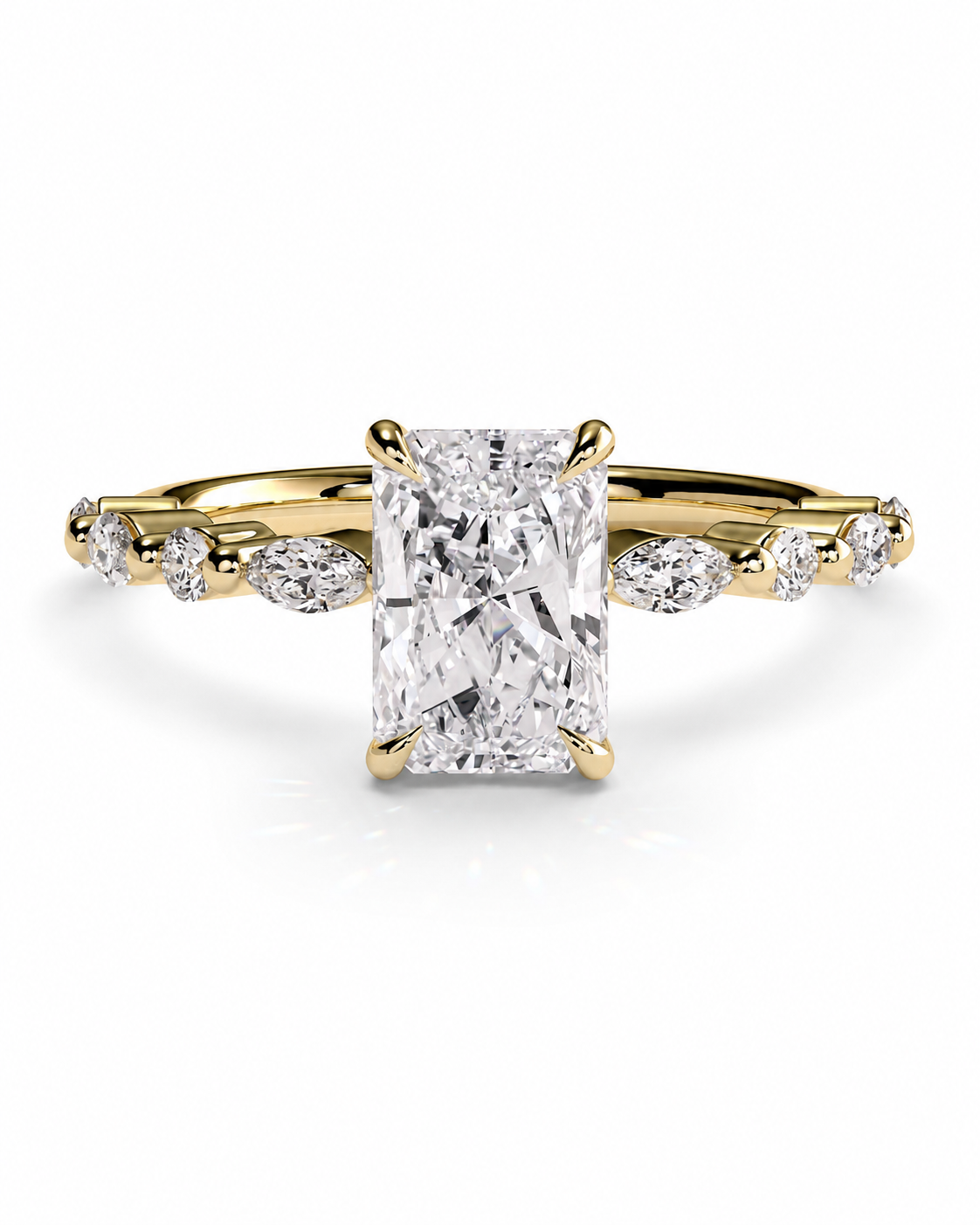 color_10K_YG, color_14K_YG &&A yellow gold engagement ring featuring a large rectangular radiant-cut diamond center stone with smaller marquise and round diamonds set along a split shank, shown on a clean white background.