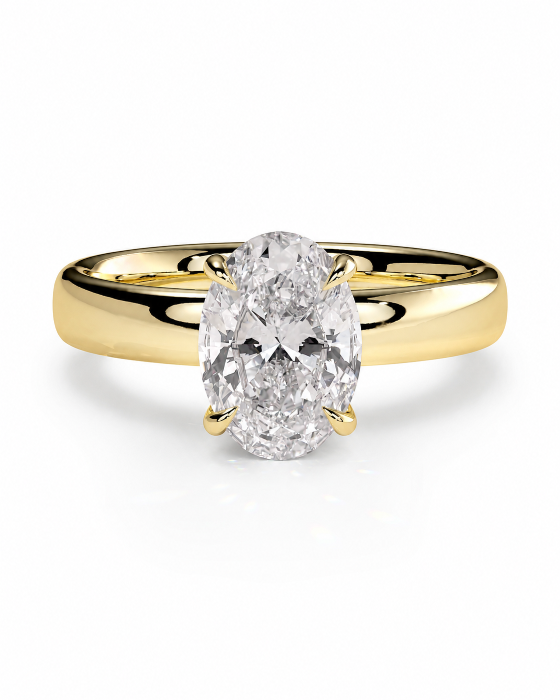 color_10K_YG, color_14K_YG &&An oval-cut diamond engagement ring with a polished yellow gold band, shown on a clean white background.
