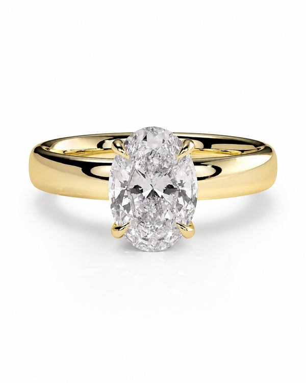 color_10K_YG, color_14K_YG &&An oval-cut diamond engagement ring with a polished yellow gold band, shown on a clean white background.