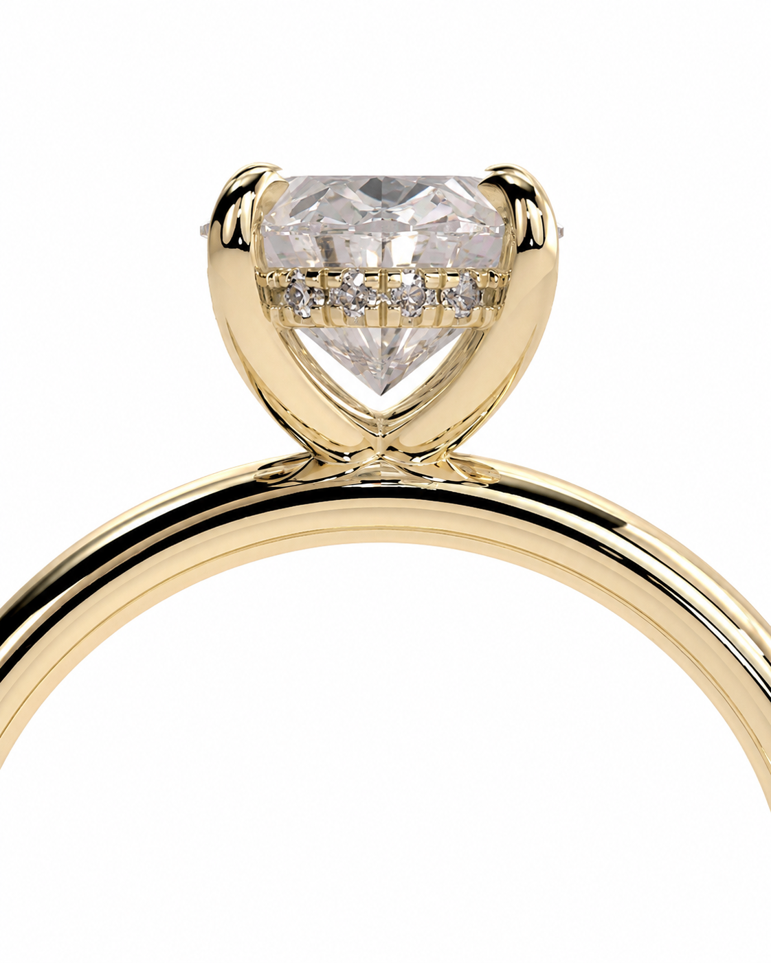 color_10K_YG, color_14K_YG &&A close-up of a yellow gold solitaire engagement ring featuring a large heart-shaped clear gemstone in a prong setting with small accent diamonds along the band, set against a solid white background.