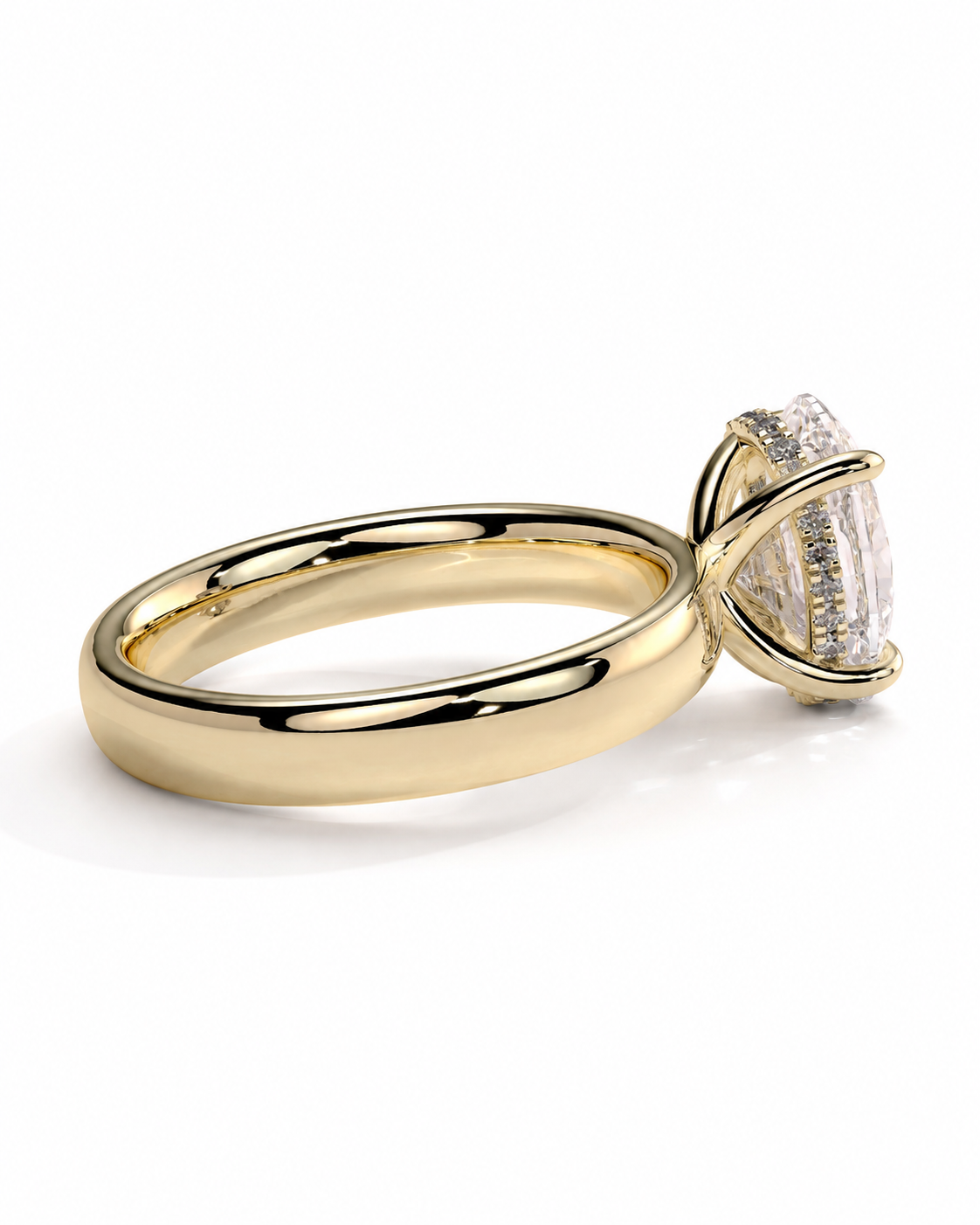 color_10K_YG, color_14K_YG &&A yellow gold ring with a large cushion-cut diamond and smaller diamonds in a halo setting, shown on a clean white background.