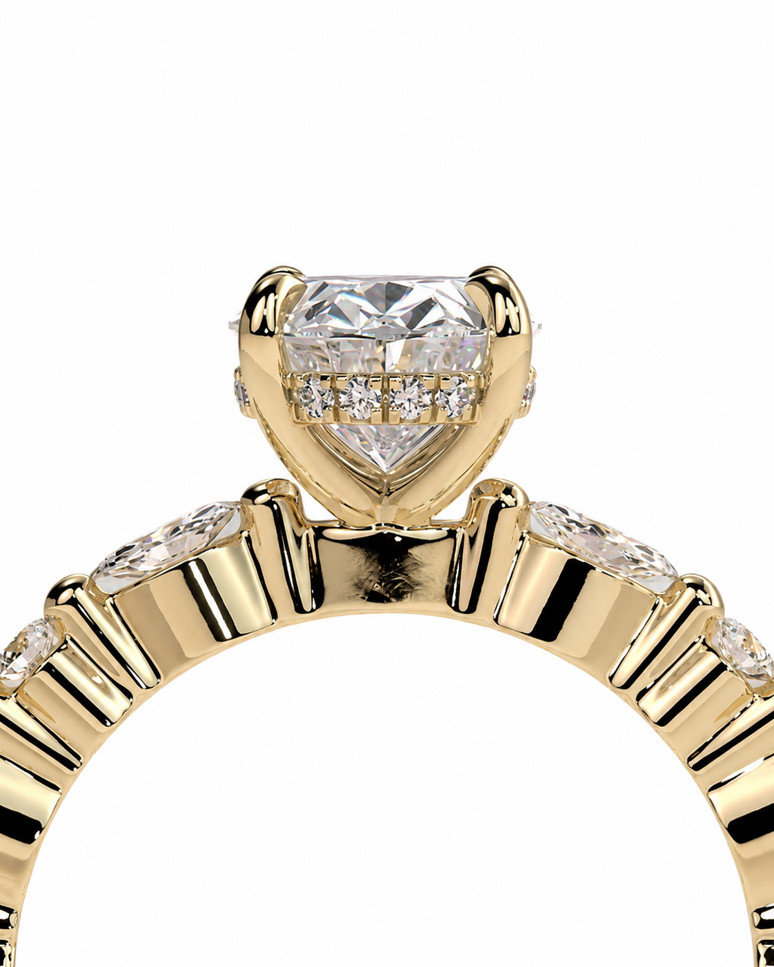 color_10K_YG, color_14K_YG &&A close-up studio shot of a yellow gold solitaire engagement ring featuring a heart-shaped clear gemstone in a prong setting, with smaller accent diamonds along the band, set against a solid white background.