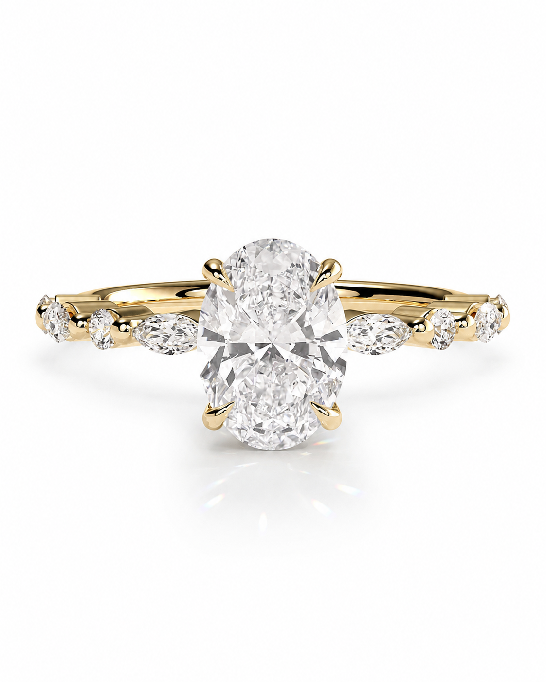 color_10K_YG, color_14K_YG &&A yellow gold diamond ring with a large oval center stone and smaller marquise and round side stones on a white background.