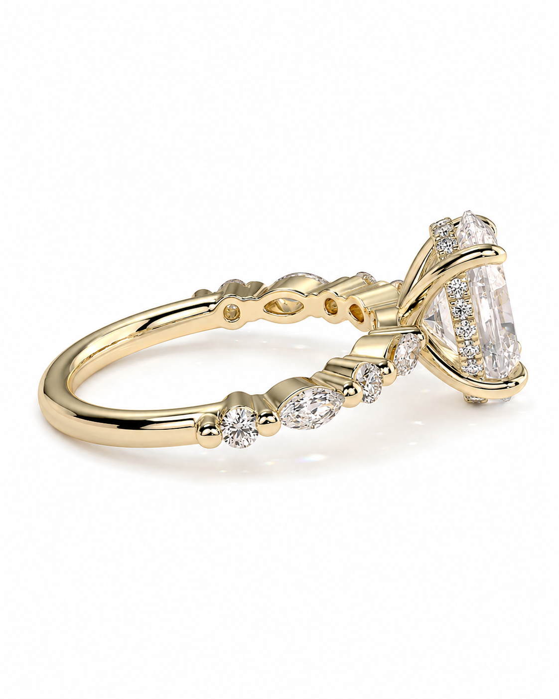 color_10K_YG, color_14K_YG &&A yellow gold ring featuring a large emerald-cut clear center stone and smaller round and marquise-cut clear stones along the shank, shown on a clean white background.