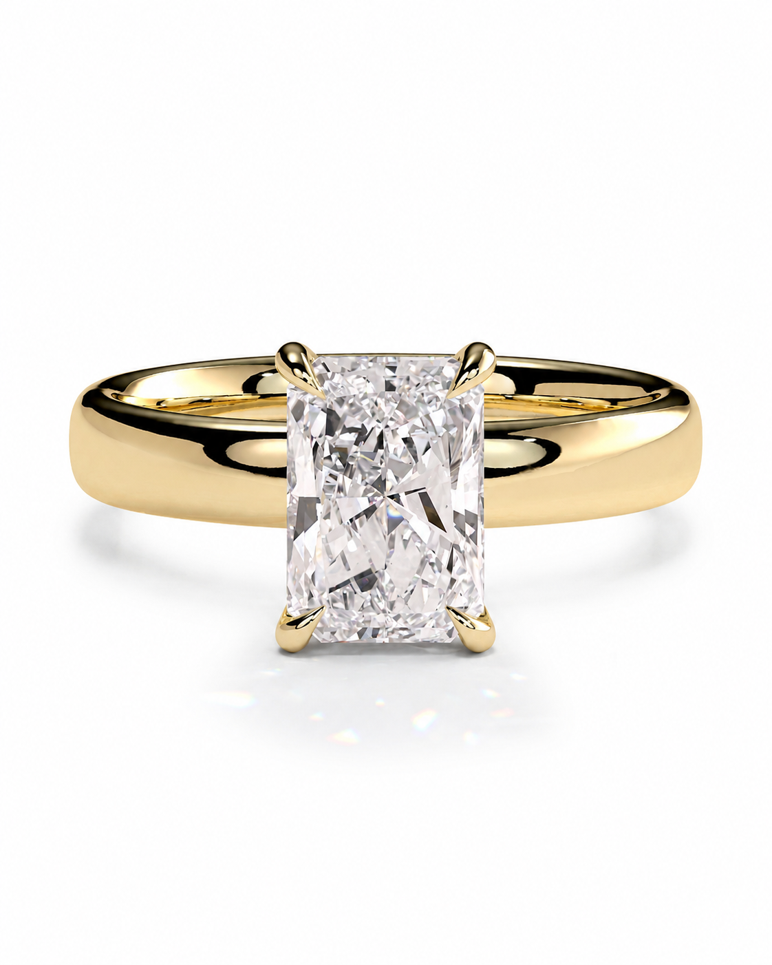 color_10K_YG, color_14K_YG &&A yellow gold solitaire engagement ring featuring a large rectangular radiant-cut diamond center stone in a four-prong setting, shown on a clean white background.