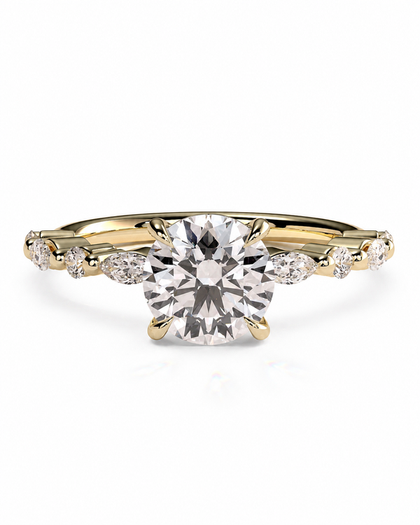 color_10K_YG, color_14K_YG &&A yellow gold engagement ring featuring a large round-cut center diamond and smaller marquise-cut side diamonds on a white background.