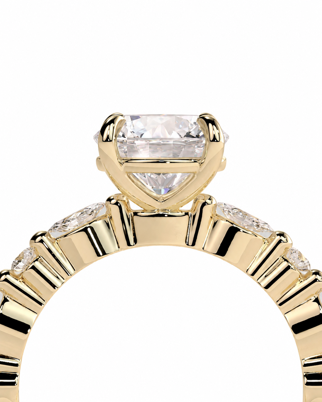 color_10K_YG, color_14K_YG &&A close-up shot of a yellow gold ring featuring a large rectangular cushion-cut clear gemstone in a prong setting, with smaller round-cut stones along the shoulders, set against a plain white background.