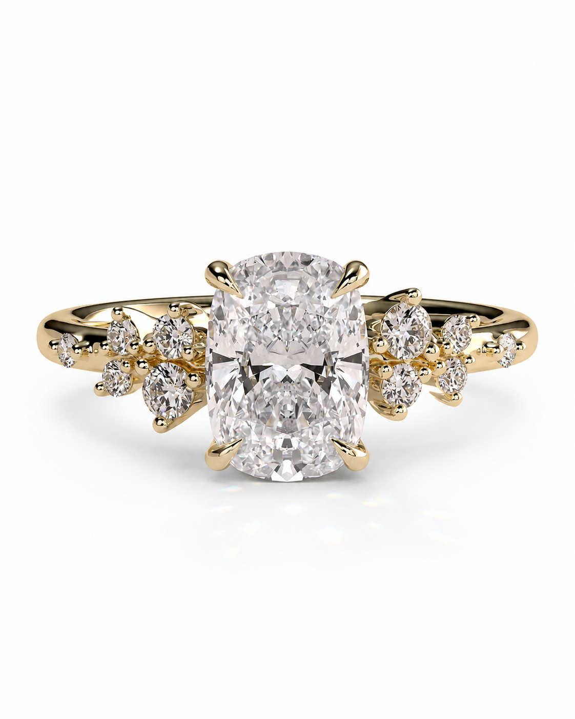 color_10K_YG, color_14K_YG &&A yellow gold engagement ring featuring a large oval-cut center diamond flanked by smaller round diamonds on the shoulders, set against a clean white background.