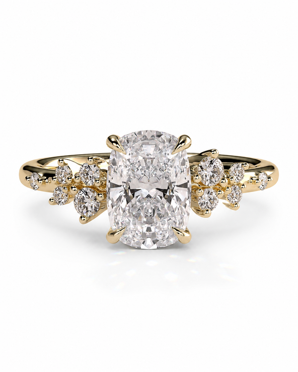 color_10K_YG, color_14K_YG &&A yellow gold engagement ring featuring a large oval-cut center diamond flanked by smaller round diamonds on the shoulders, set against a clean white background.