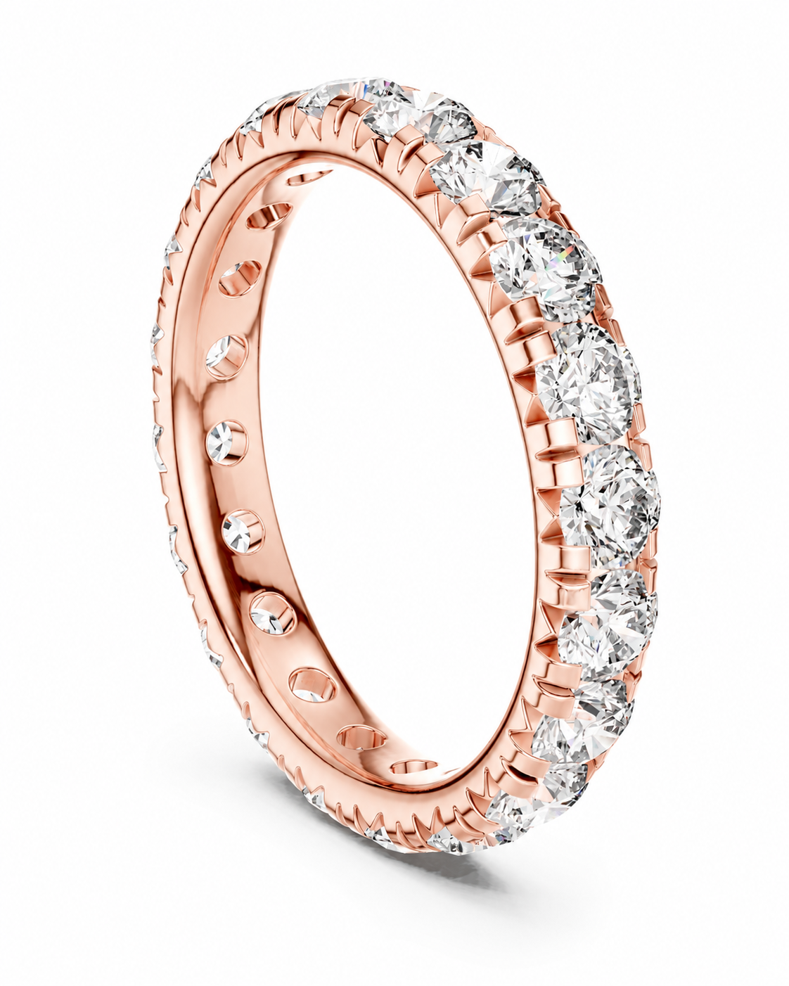 color_10K_RG, color_14K_RG &&	A rose gold eternity ring set with clear round-cut diamonds, shown at an angle on a clean white background.