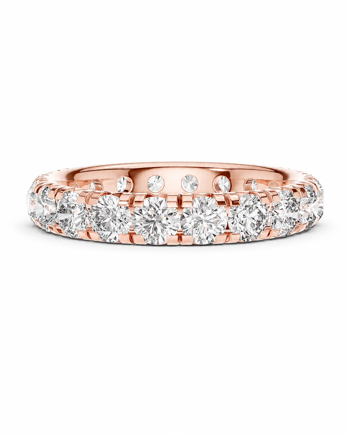 color_10K_RG, color_14K_RG &&	A rose gold eternity ring featuring a double row of round brilliant-cut diamonds, shown on a clean white background.