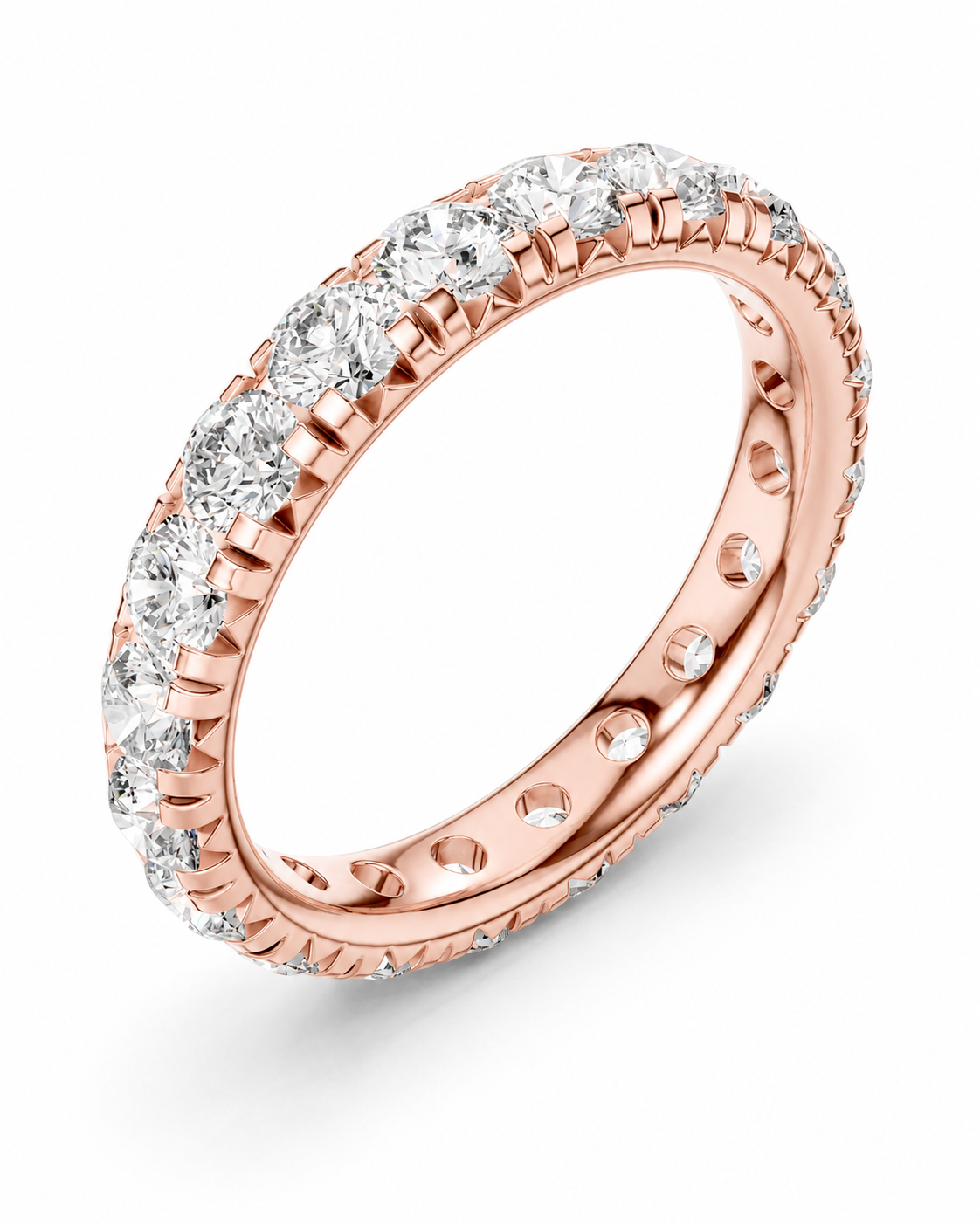 color_10K_RG, color_14K_RG &&	A rose gold eternity ring featuring a continuous channel setting of round brilliant-cut diamonds on a clean white background.