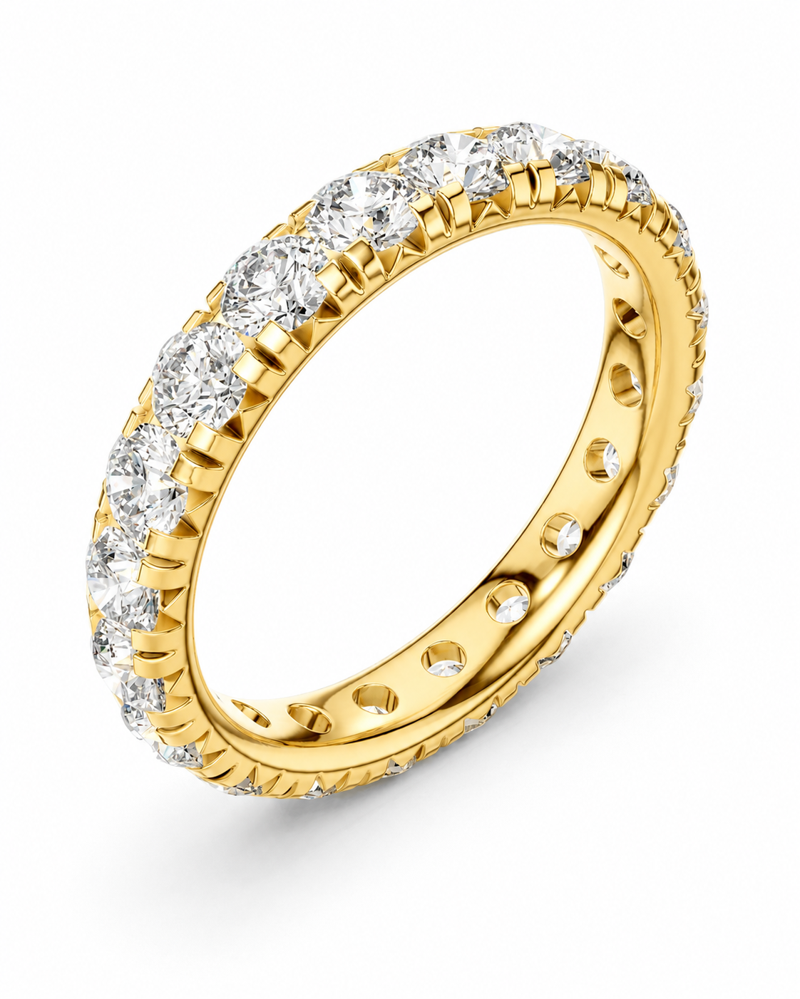 color_10K_YG, color_14K_YG &&	
A yellow gold eternity ring featuring a continuous row of round-cut clear diamonds on the outer band, with a textured beaded edge and a polished inner band, shown on a clean white background.